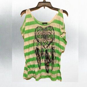 Say Anything green/gray junior top with dream catcher print w/ open shoulders XL